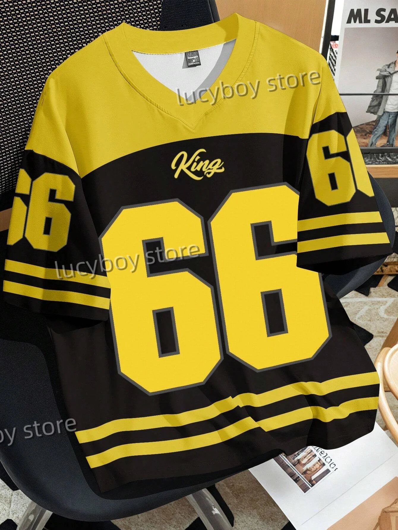 Mens Number 66 Letter KING Print T-Shirt Man Short Sleeve Sportwear Football T-Shirt Vintage Oversize Striped Tees Men Clothes 250222