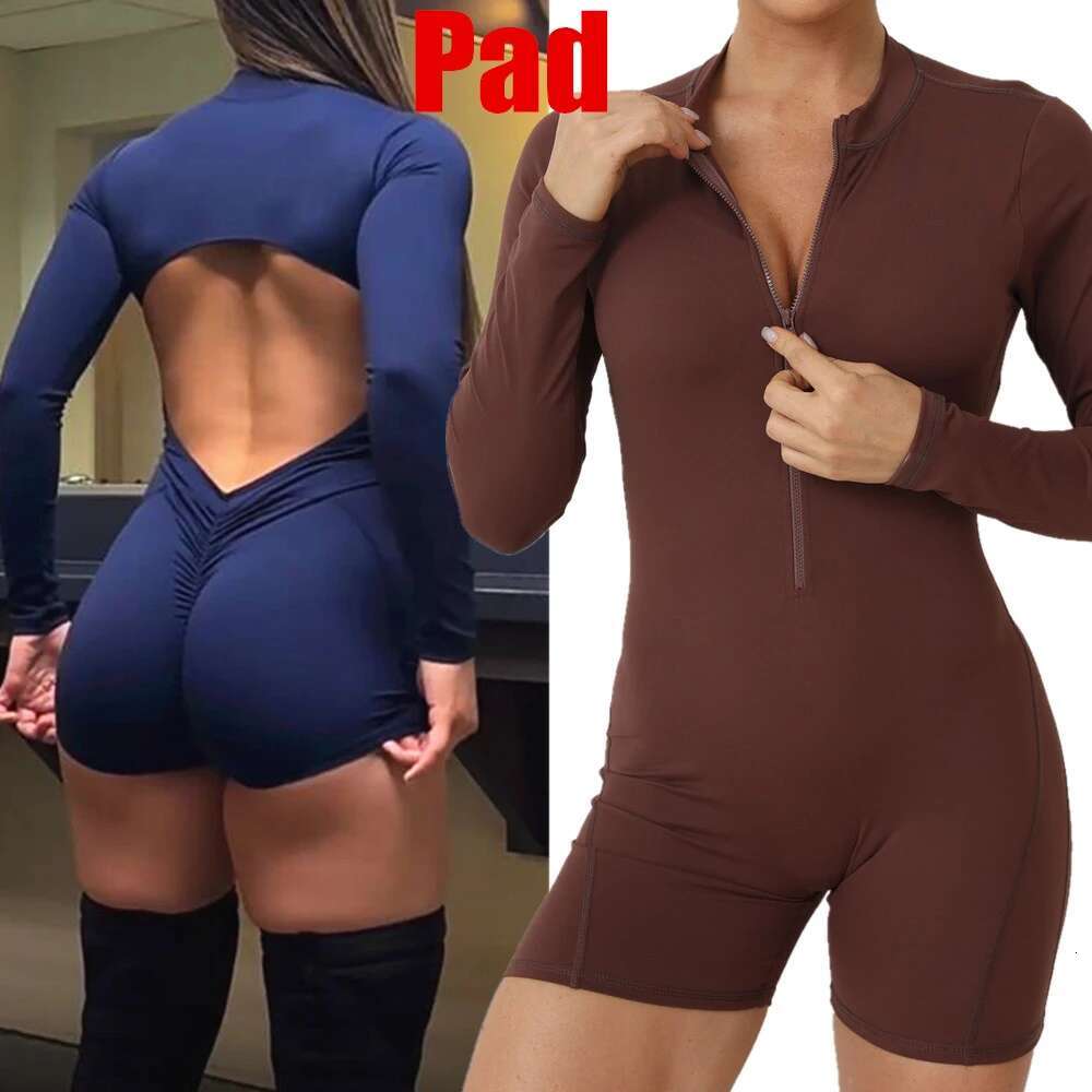 New Pad Zipper Long Sleeve Yoga Set Women One Piece Jumpsuit Gym Workout Shorts Fiess Stretch Bodysuit Sports Athletic Suit