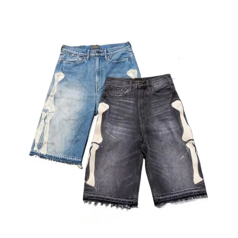 2024 European and American Summer Retro Skeleton Denim Shorts Sports Casual Couple Wear Street FiveFifth Pants 250222
