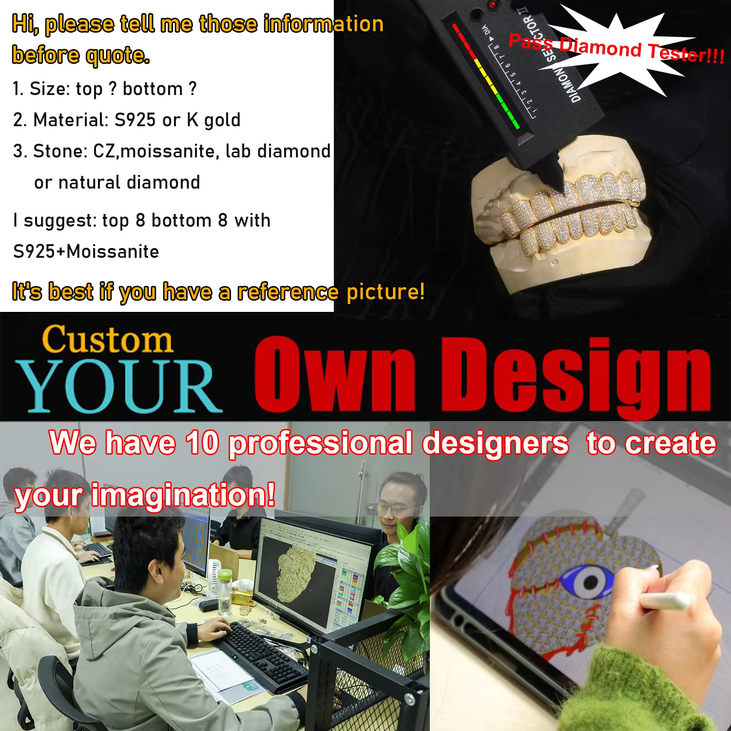 Pass Dia Tester Princess Cut Custom Moissanite Grillz Hiphop Jewelry Sier Gold Iced Out Dental Grills for Teeth