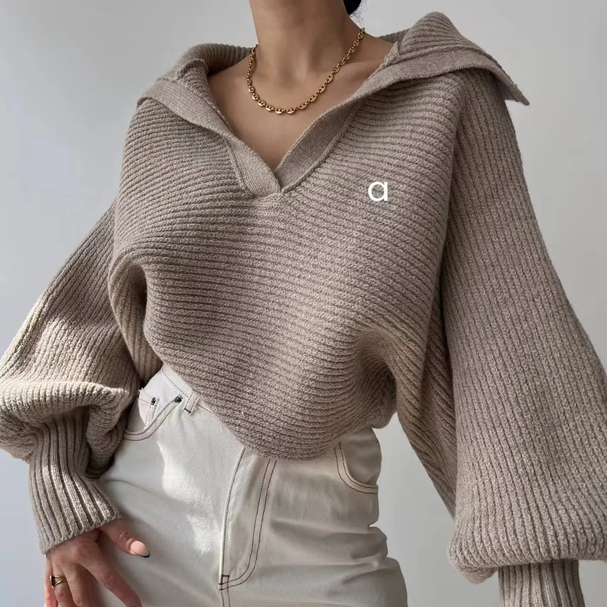 21138 Women Pullover Fiess Autumn Sweater Woolen Knit Outdoor Jogging Loose Womens Long Sleeve Sweatshirts Turn-Down Collar