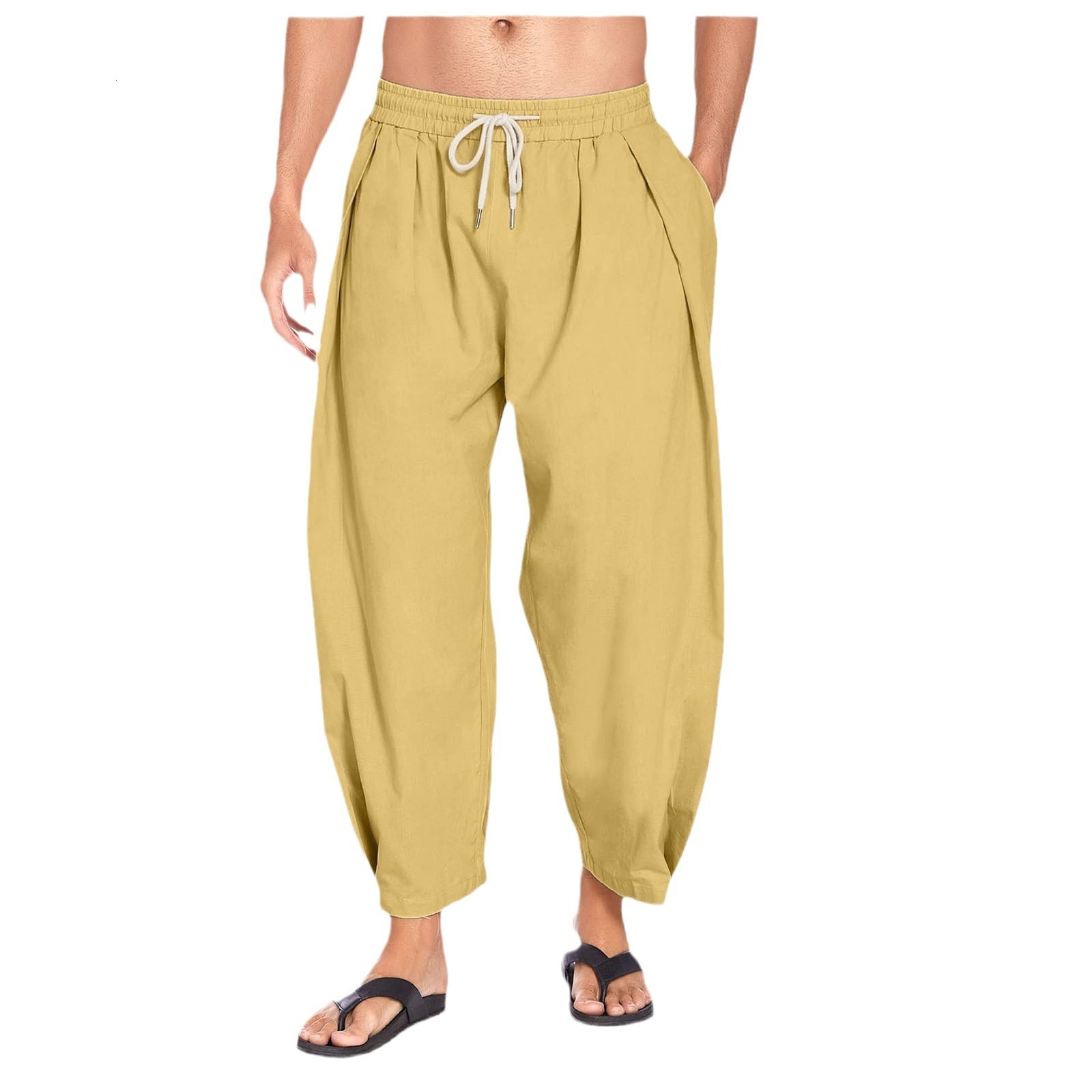 2025 Men's New Designer Cotton And Linen Halan Pants With Drawstring Casual Cropped Pants Lightweight Loose Breathable Beach Yoga Pants With Cuff