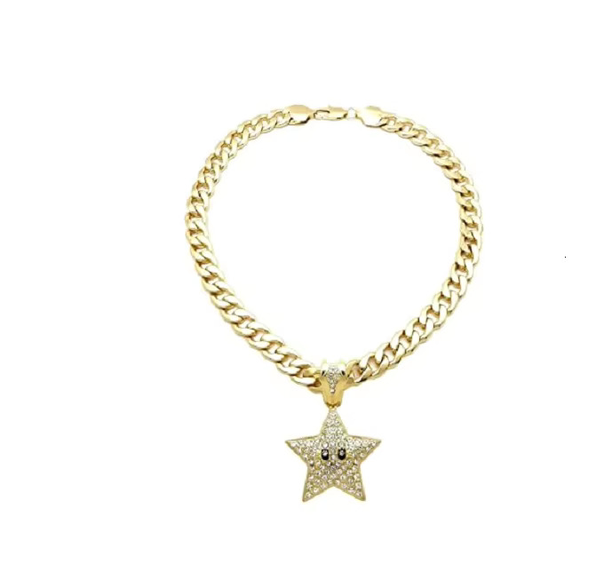 Hip Hop Iced Out Mario Star Gold Pendant Real Dia Necklace & 11mm 18" Cuban Chain for Your Boyfriend