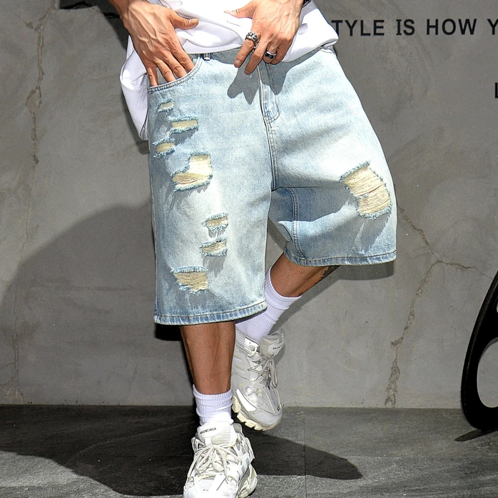 Summer High Quality Vintage Ripped Denim Shorts MenS Clothing Hip Hop Jorts Streetwear Blue Shorts Korean Fashion Baggy Jeans 250222