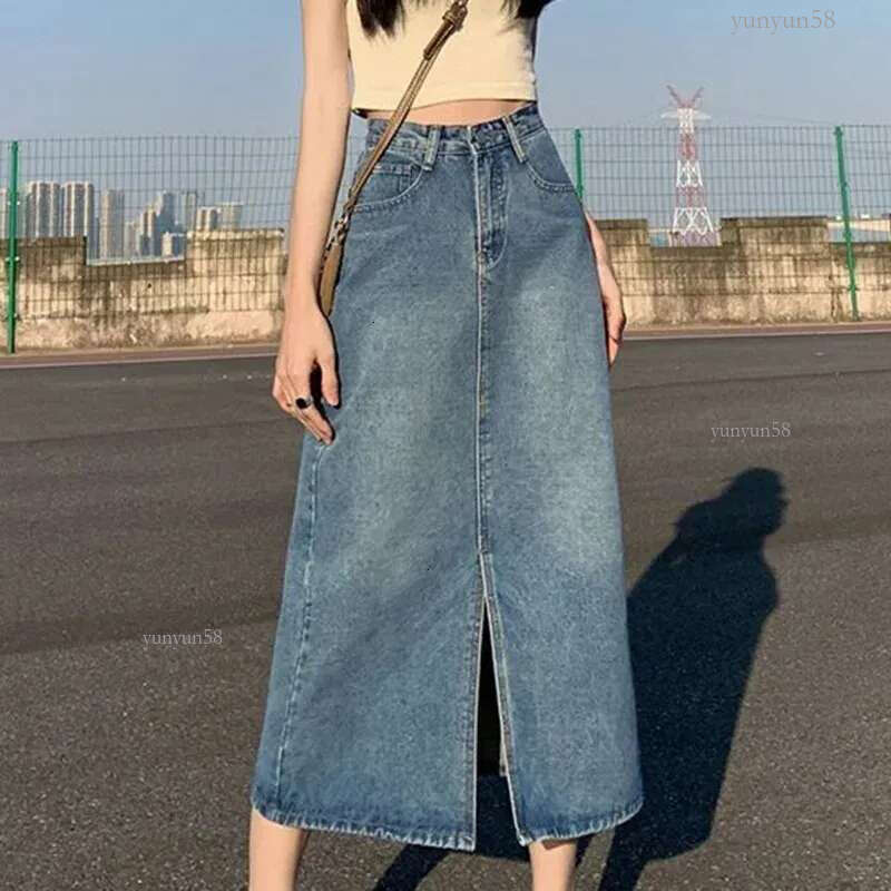 Spring Long Denim Skirt Vintage Women Solid High Waist A-LINE Slim Korean Style Jean Slit Midi Skirt Summer Fashion 240806