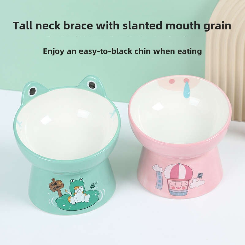 Animal shaped Frog High footed Ceramic Pet Diagonal Mouth Neck Protection Cat Cartoon Pig Rabbit Dog Bowl
