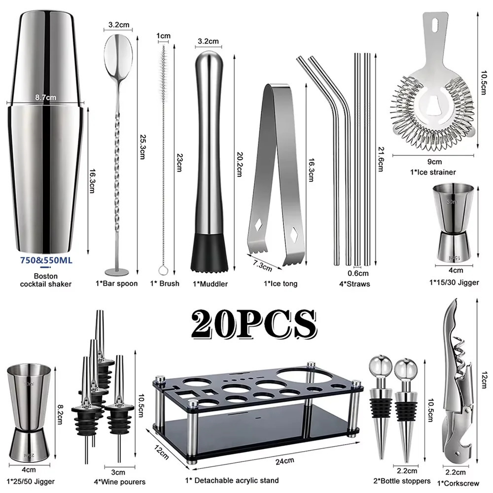 20Piece Boston Cocktail Shaker Set Bartender Kit for Home Bar Drink Wine Martini Mixer Tool 550 750ML 250218