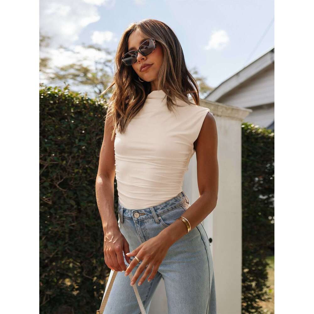 Fashionable sexy women's high neck sleeveless temperament small tank with pleated and versatile bottom short top