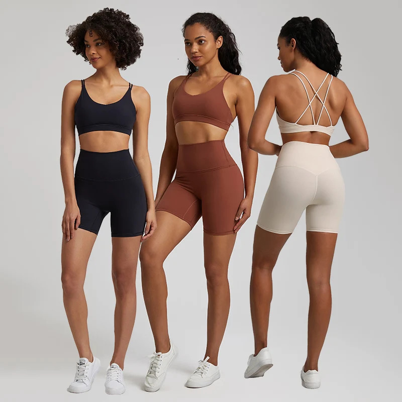 Naked Feel Gym Set Women Workout Clothes High Waist Yoga Shorts and Strappy Sports Bra 2 Piece Short Sets Summer Running Outfits 250221