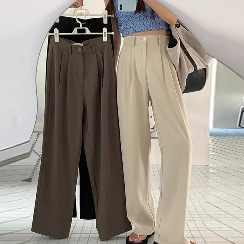 Womens Loose Straight Wide Leg Pants Basic AllMatch High Waist Suit Office Ladys Casual Elegant Trousers Summer Trend 250221