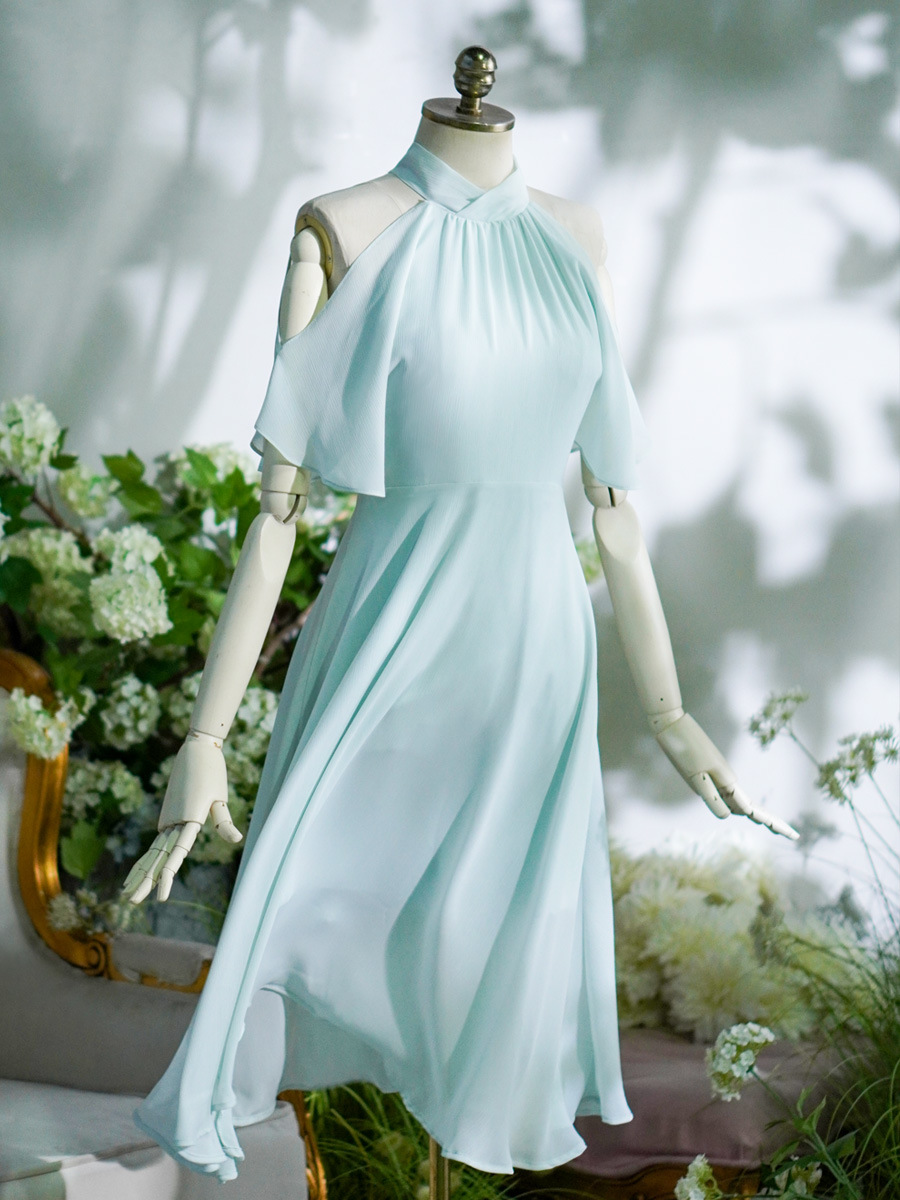 A2140 Small design sweet gentle pure fairy off-shoulder halter neck ribbon chiffon live two-wear dress