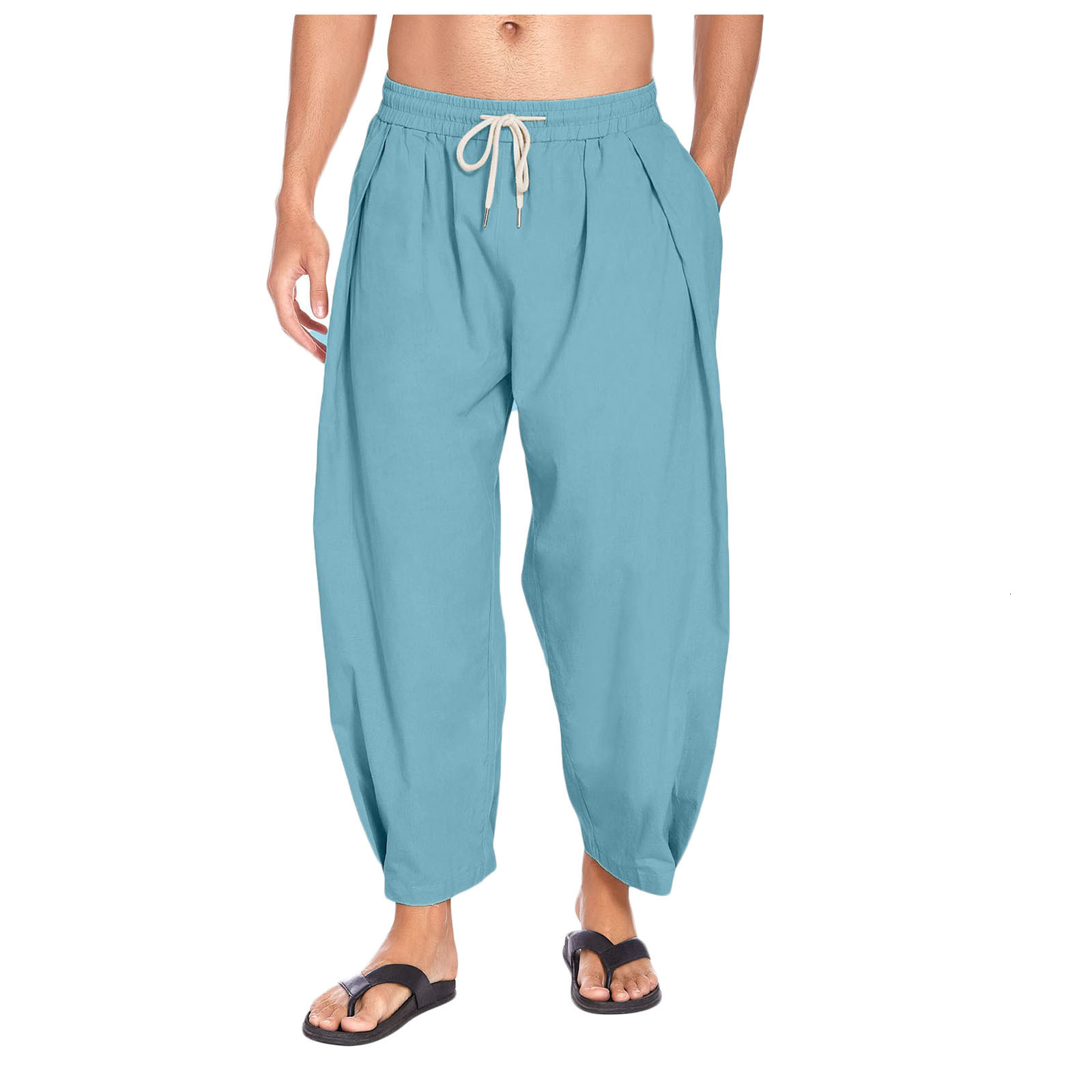 2025 Men's New Designer Cotton And Linen Halan Pants With Drawstring Casual Cropped Pants Lightweight Loose Breathable Beach Yoga Pants With Cuff