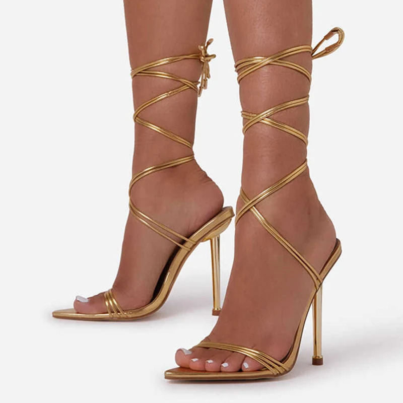 Summer 12CM Gladiator Heels Sandals For Women Fashion Pointed Open Toe Lace-Up Stiletto Ladies Strappy Wedding Shoes Black Red 250318