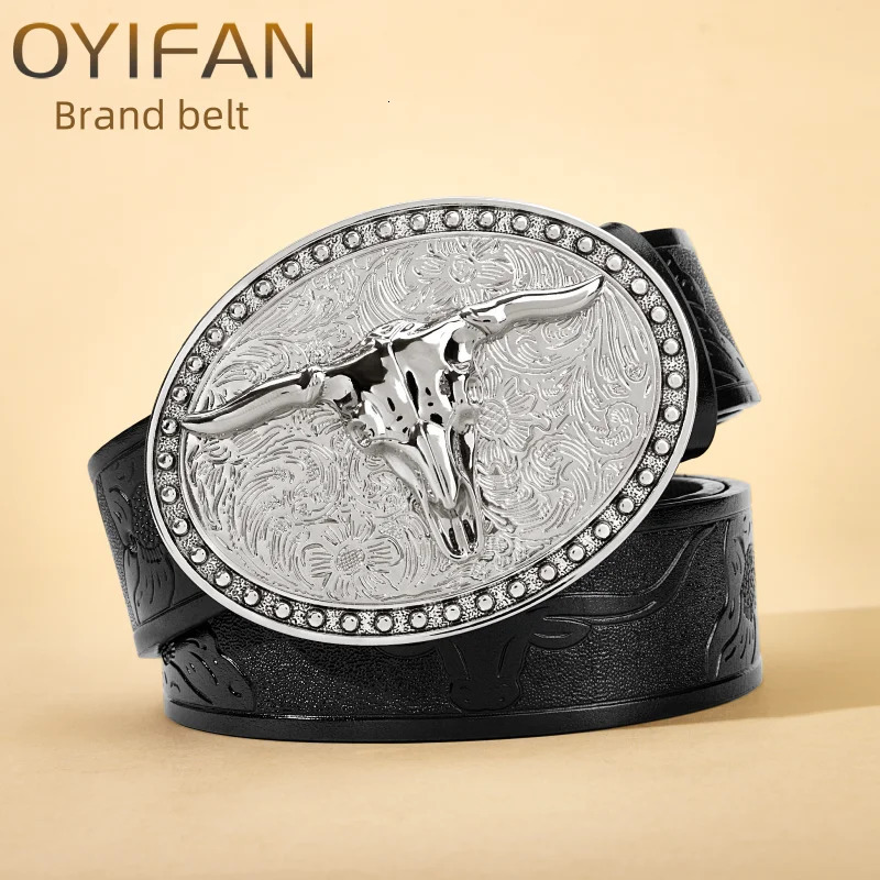 Womens Cowboy Belt Western Leather Buckle Belts Longhorn Bull Pattern Floral Engraved for Men 250213