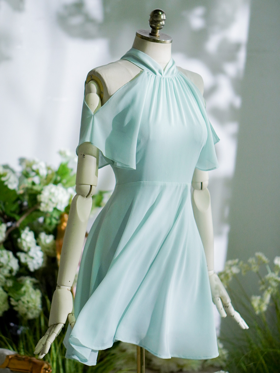 A2140 Small design sweet gentle pure fairy off-shoulder halter neck ribbon chiffon live two-wear dress