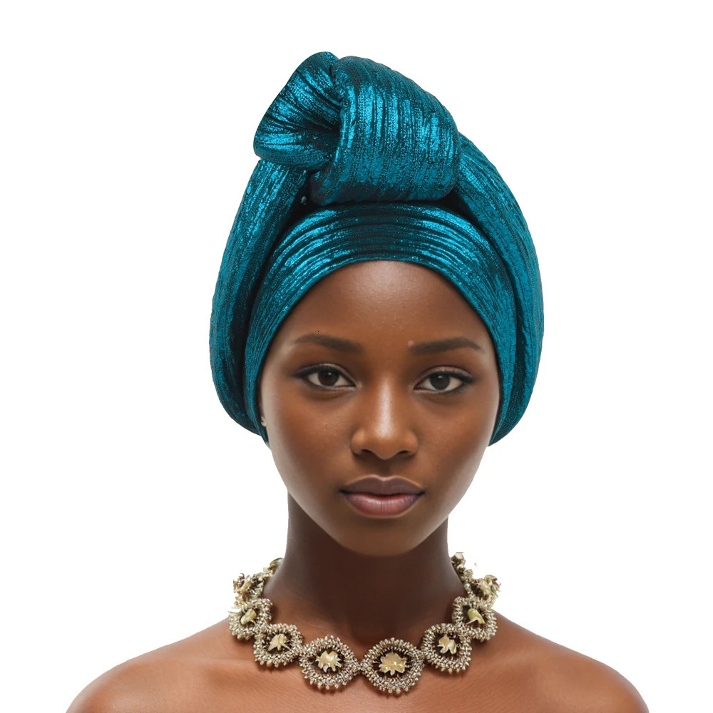 Glitter Fabric Knoted Turban Cap Womens Head Wraps African Auto Gele Headtie Nigeria Party Headwear Turbante Mujer 250221