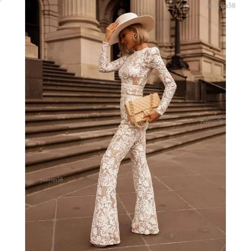 Sexy long sleeved O-neck high waistband hollow embroidered sparkling pants an elegant womens lace tight corset jumpsuit 241031