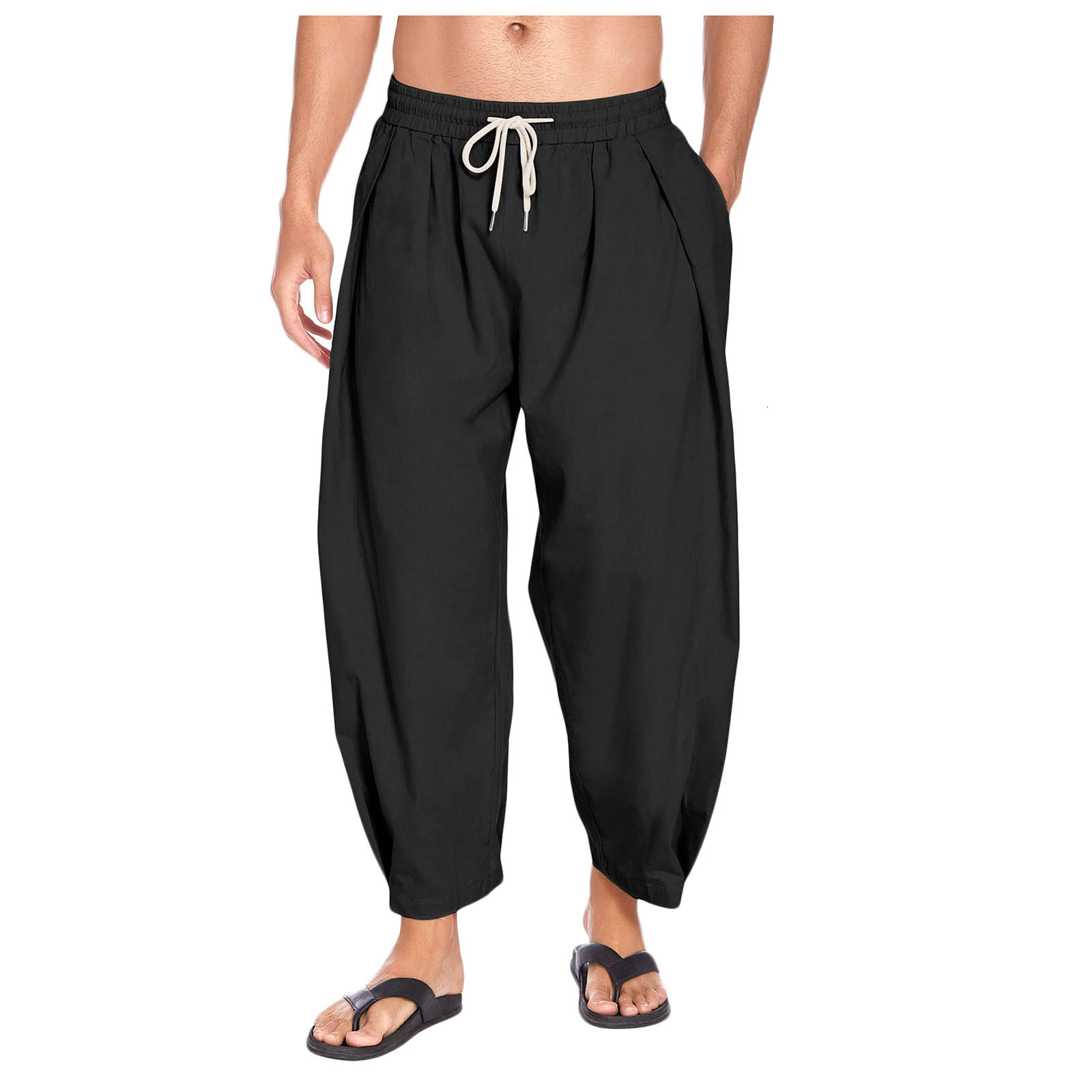 2025 Men's New Designer Cotton And Linen Halan Pants With Drawstring Casual Cropped Pants Lightweight Loose Breathable Beach Yoga Pants With Cuff
