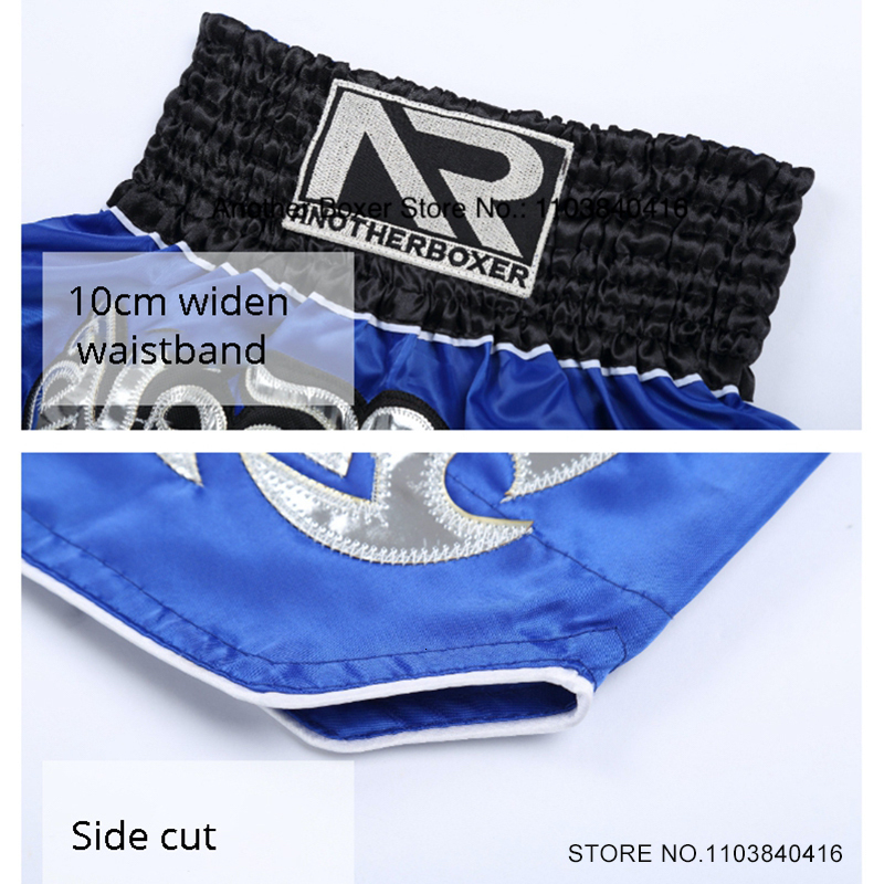 Muay Thai Shorts Retro Men Women Kids Youth Embroidery Thai Boxing Shorts Gym Sports Workout Apparel Martial Arts MMA Pants Blue