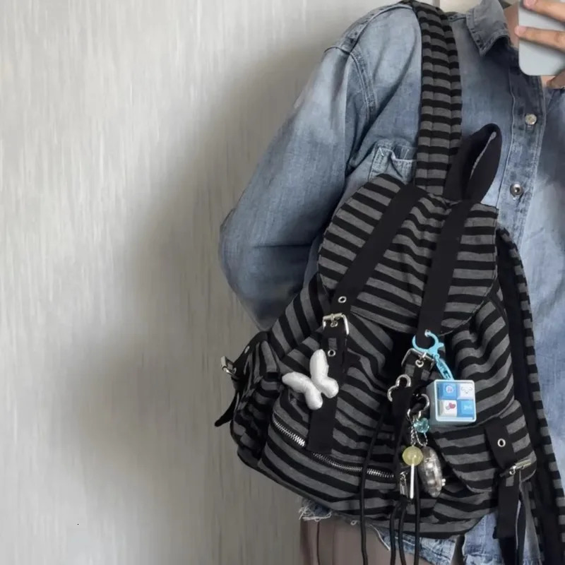 Striped Korean Casual Backpacks Drawstring Y2k College Student Bags Large Capacity Versatile Backpacks Womens Bags 250318