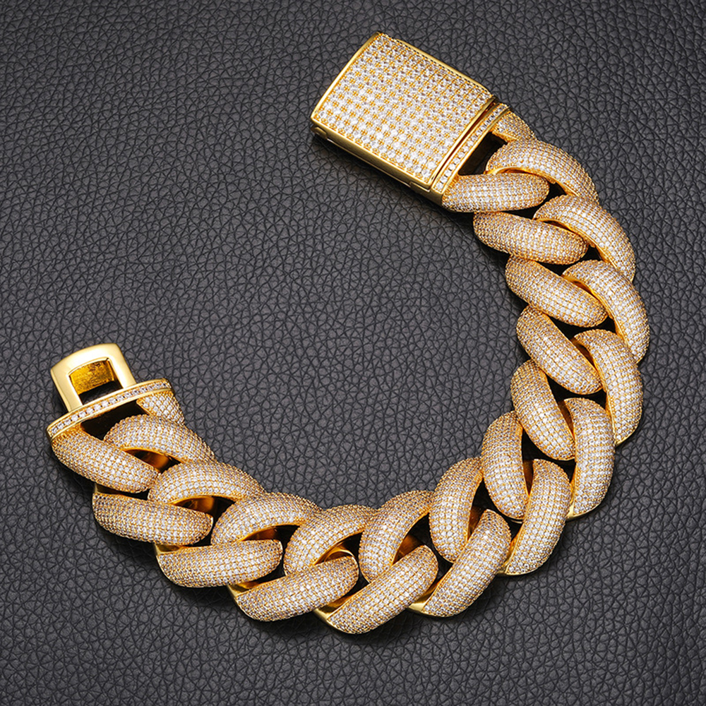 Real Gold Plated Men's Cuban Link Bracelet with Dazzling 5A Cubic Zirconia Stones 25mm Wide Hip Hop Style
