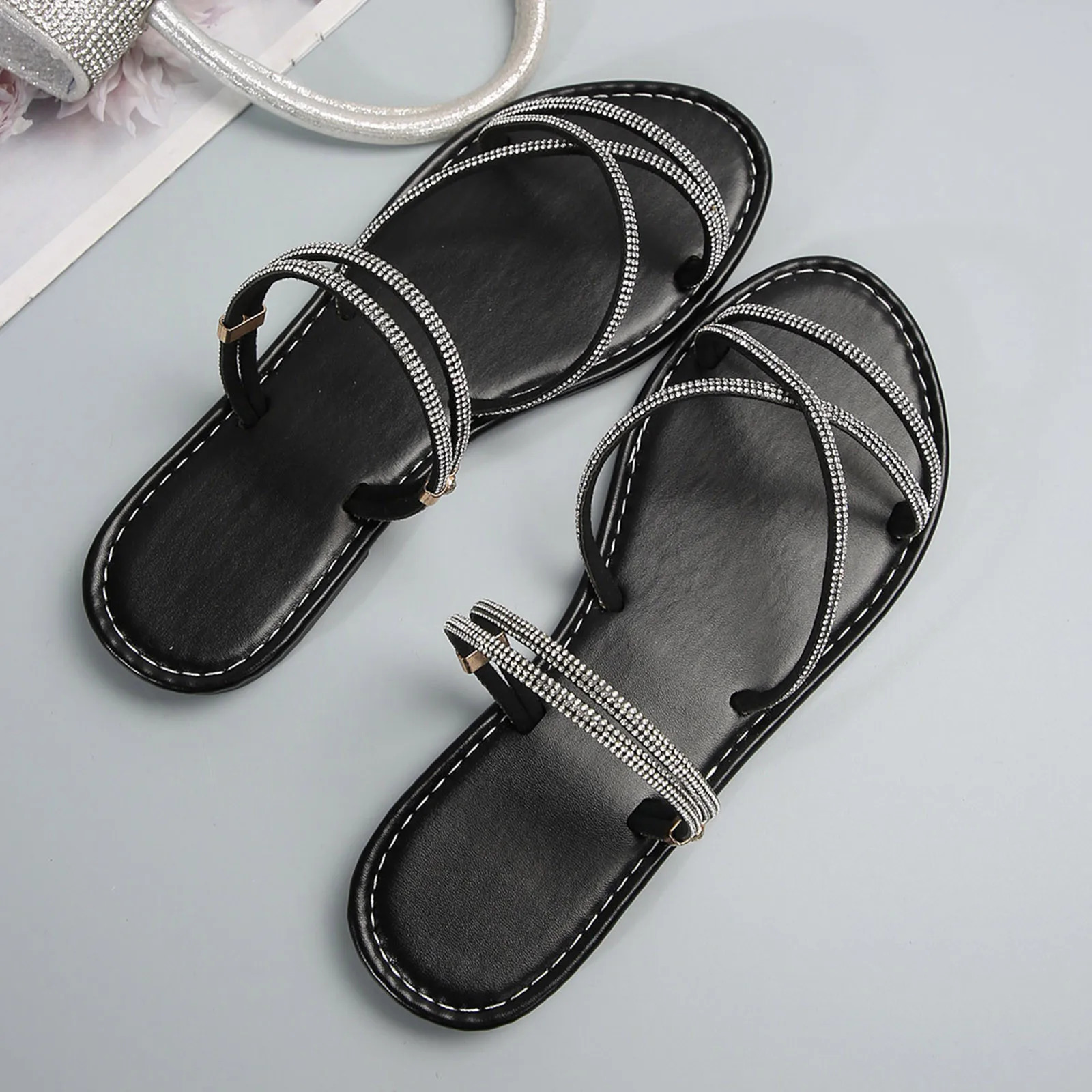 Womens Sandals 2024 Womens Sandals Fashion Pattern Water Diamond Decoration Flat Bottom Open Toe Breathable 250218