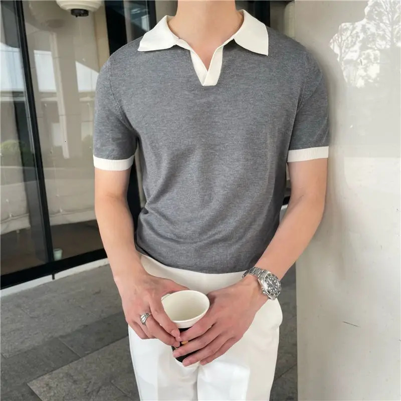 Summer Lapel Breathable Short Sleeve Temperament Mens Clothing Slim Korean Version Solid Color Trend Knitted POLO Shirt 250222