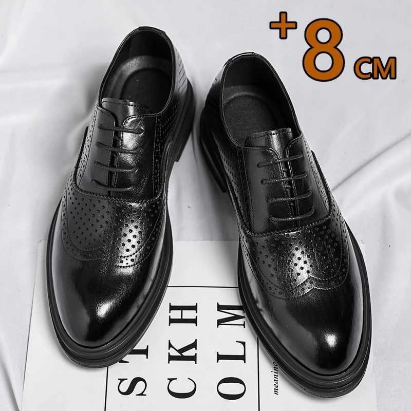 Spring Summer Men Hollow Platform High Heel 6/8 CM Height Growth Formal Men Derby Leather Shoes Men Wedding Dress Elevator Shoes Y250222