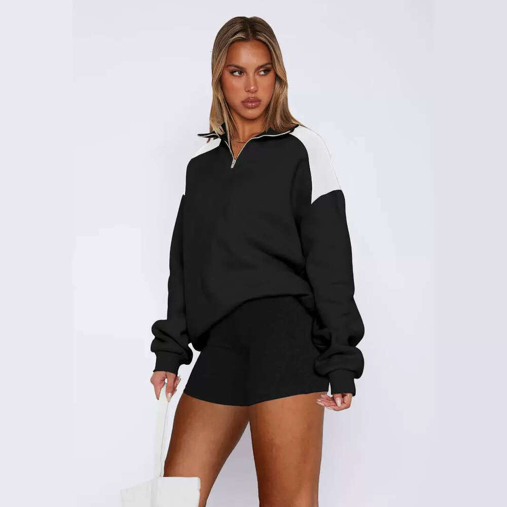 Women's American hoodie, women's spring fashion trendy polo shirt, contrasting color zipper baseball jacket