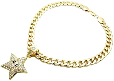 Hip Hop Iced Out Mario Star Gold Pendant Real Dia Necklace & 11mm 18" Cuban Chain for Your Boyfriend