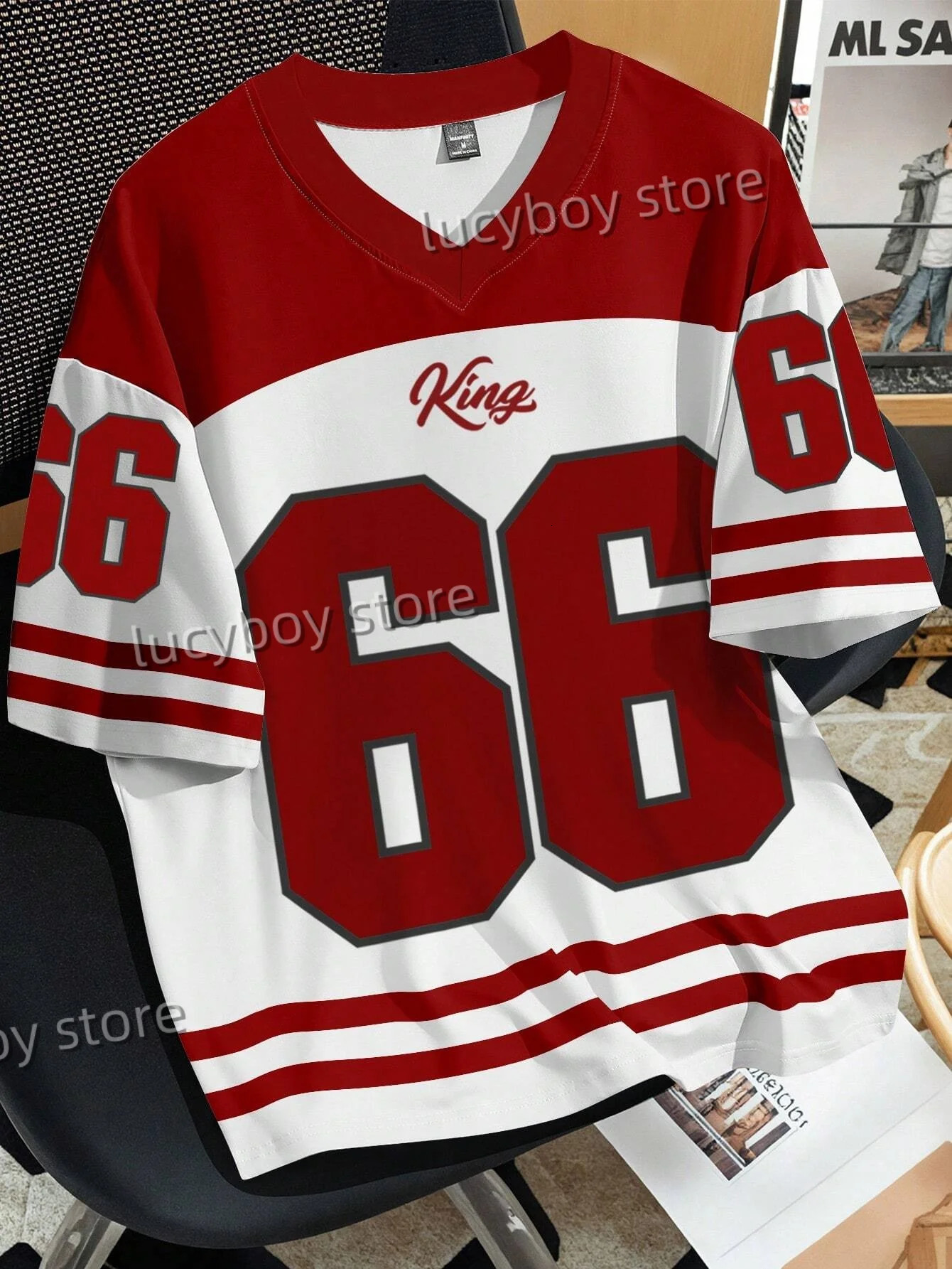 Mens Number 66 Letter KING Print T-Shirt Man Short Sleeve Sportwear Football T-Shirt Vintage Oversize Striped Tees Men Clothes 250222