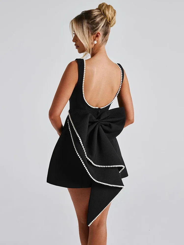 Mozision Pearl Bow Backless Sexy Mini Dress For Women Dress Fashion Zipper Sleeveless High Waist A-line Club Party Dress Elegant 250222