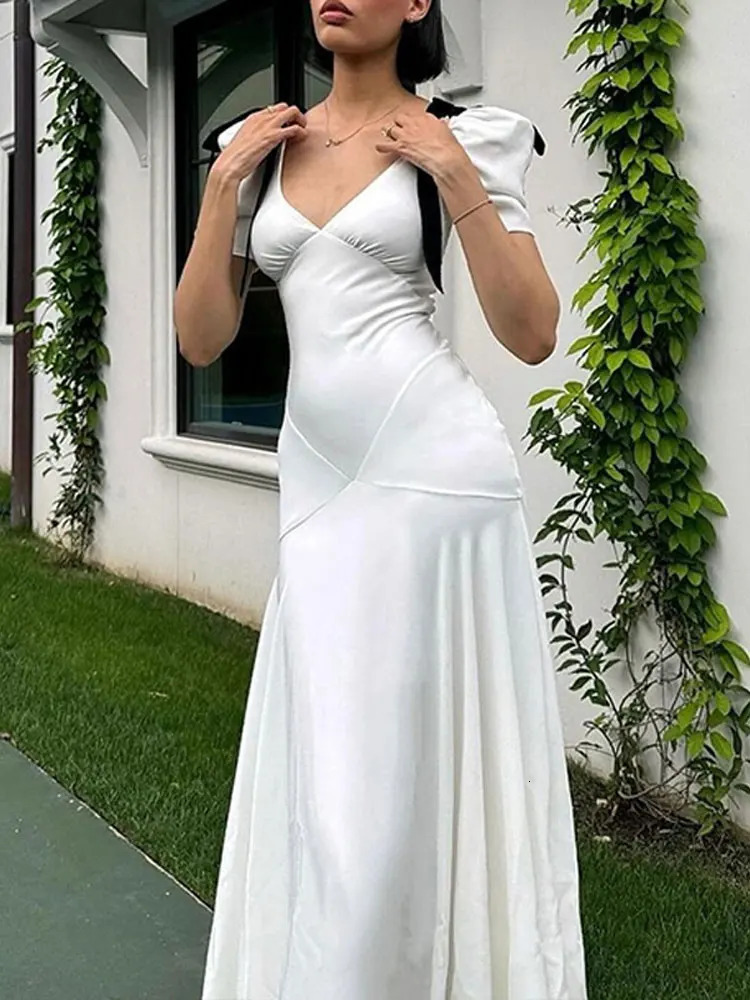Vintage White Shoulder Bow Long Dress Women Fashion V Neck Puff Sleeve Maxi Curvy Dresses Elegant Ribbon Office Lady Party Trend 250222