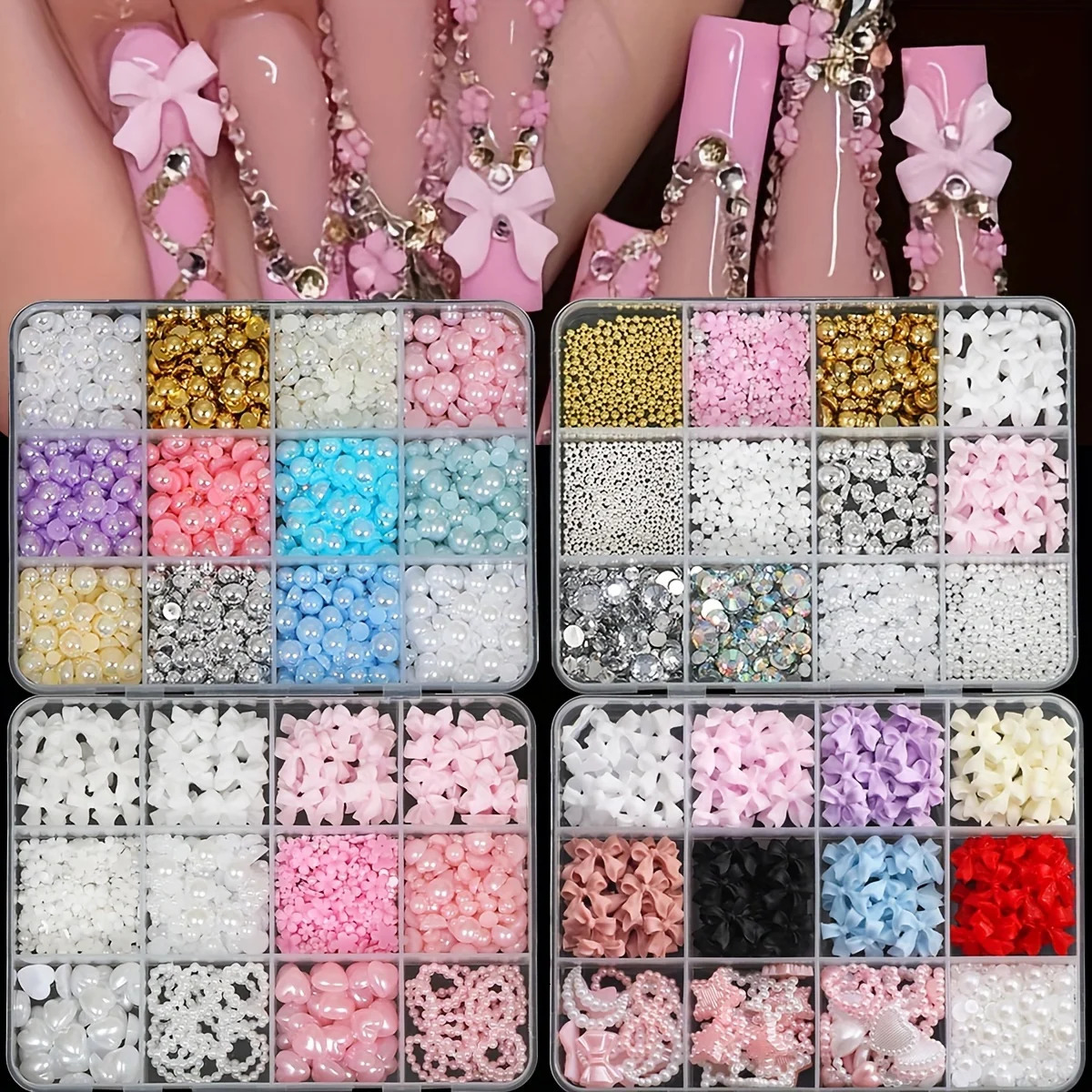 3D Nail Art Decoration Kit with Resin Bows Flat Back Pearls and Assorted Shapes Unscented DIY Craft Embellishments 250217