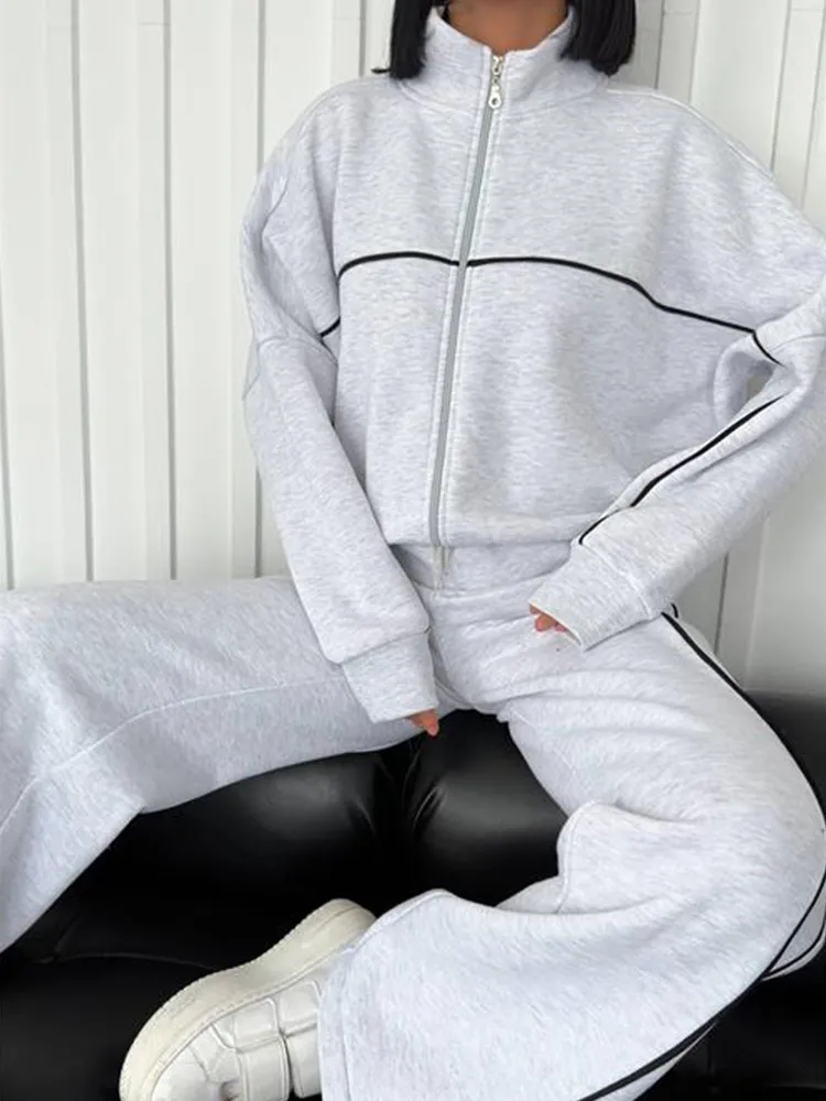 A456 Women's 3D Sier Long Sleeve Semi-High Neck Jackets Sweater Sports Striped Pants Leisure Suit