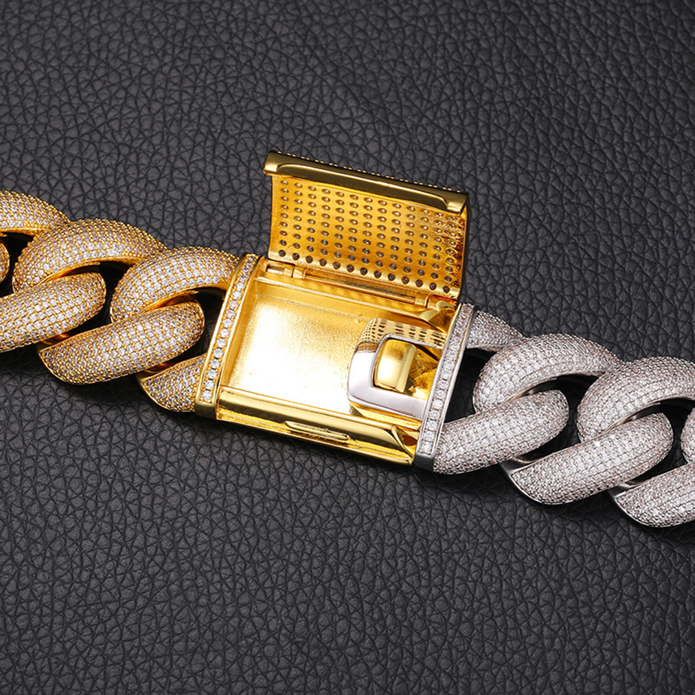 Real Gold Plated Mens Cuban Link Bracelet with Dazzling 5A Cubic Zirconia Stones 25mm Wide Hip Hop Style