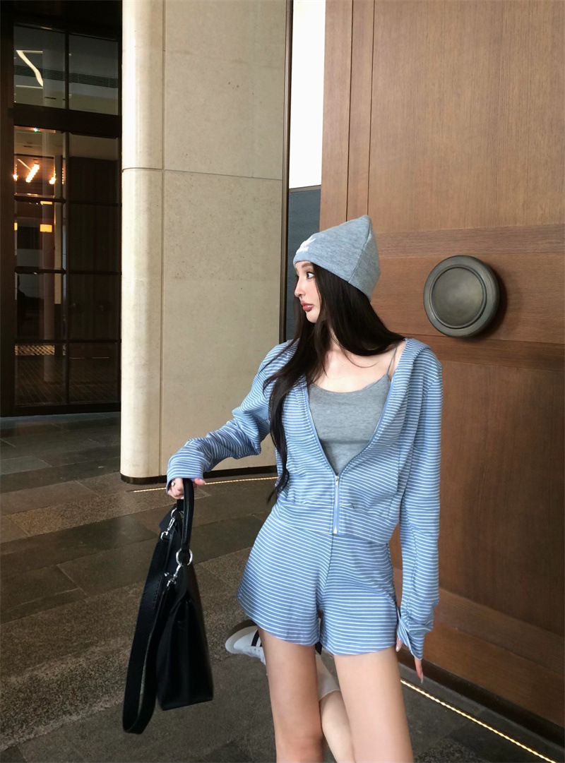 C6140 American style striped casual hooded zipper cardigan jacket trousers suit 694