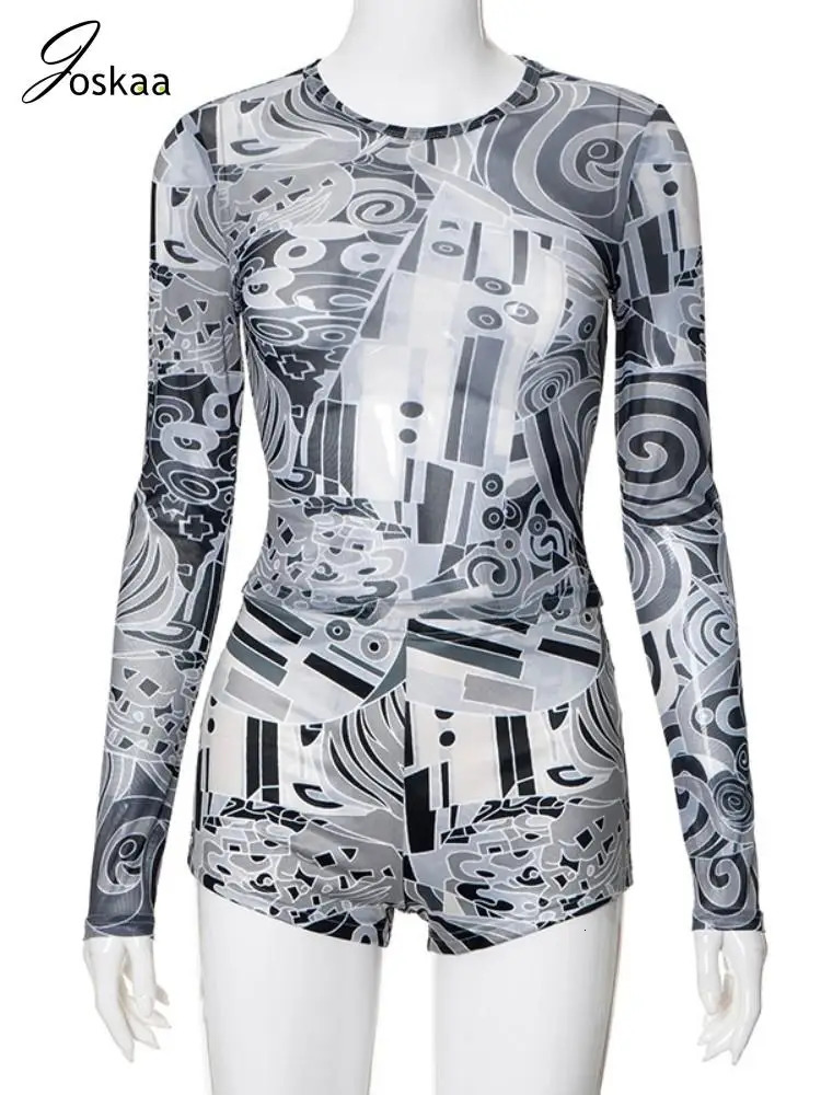Joskaa Aesthetic Print 2 Piece Set Women Sexy Sheer Mesh Long Sleeve T-Shirt and Milk Silk Shorts Matching Beach Outfits 250222