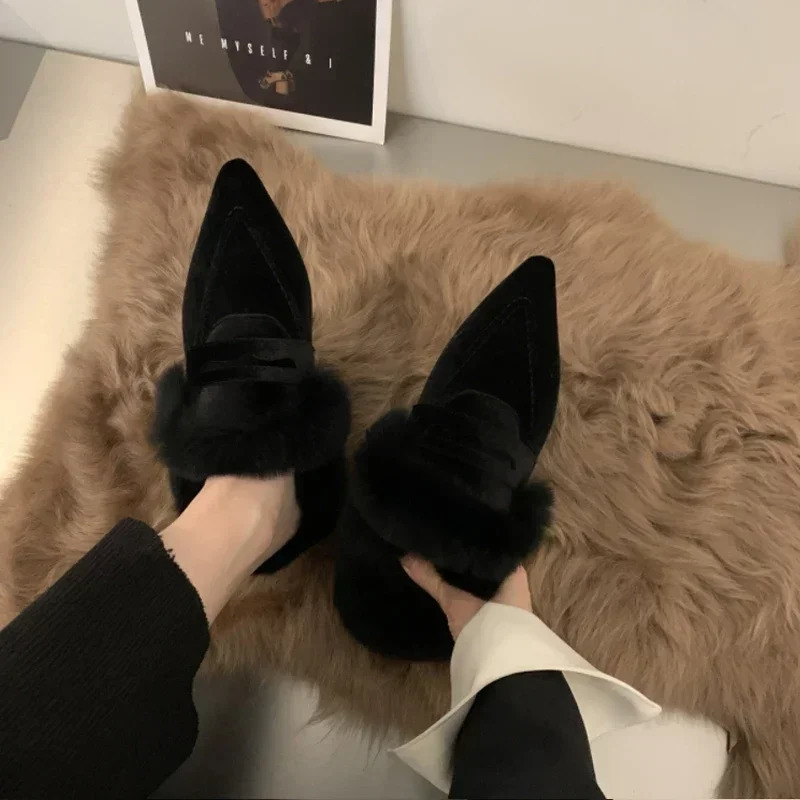 Women Velvet Mules Pointy Toe Slipon Fur Sandals Ladies n Outdoor Furry Slides Evening Party Heeled Shoes 250218