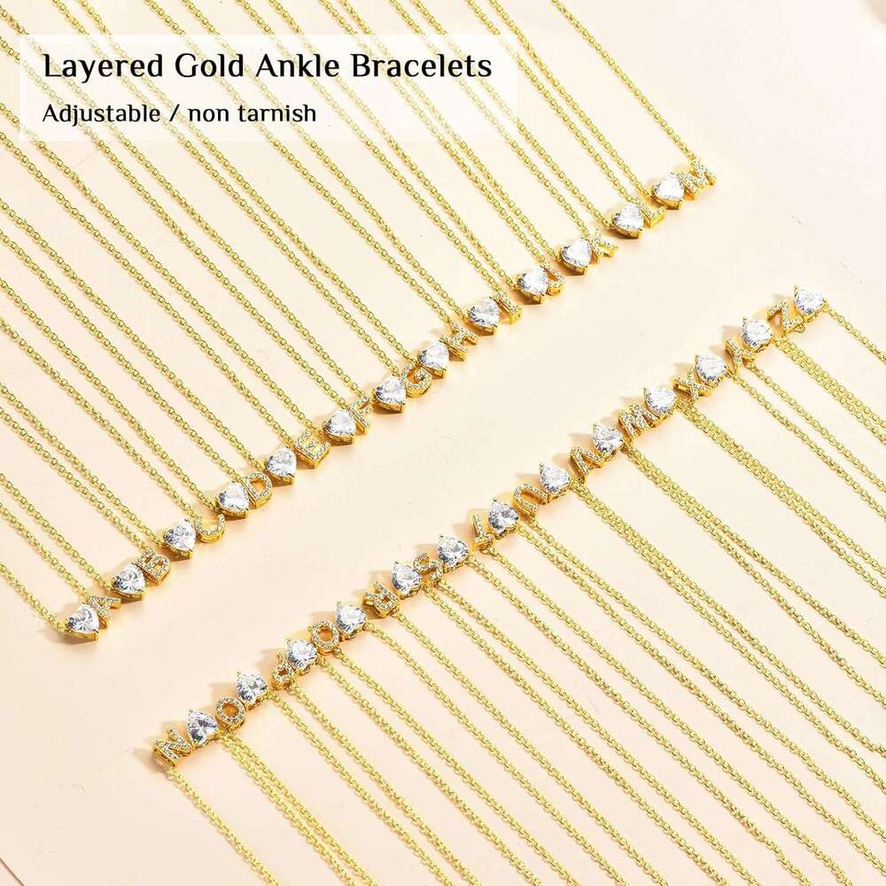 Initial Bracelets Waterproof 14K Gold Filled Layered Non Tarnish Women's Adjustable Letter Anklets for Women Large Ankle Summer Beach Foot Jewelr