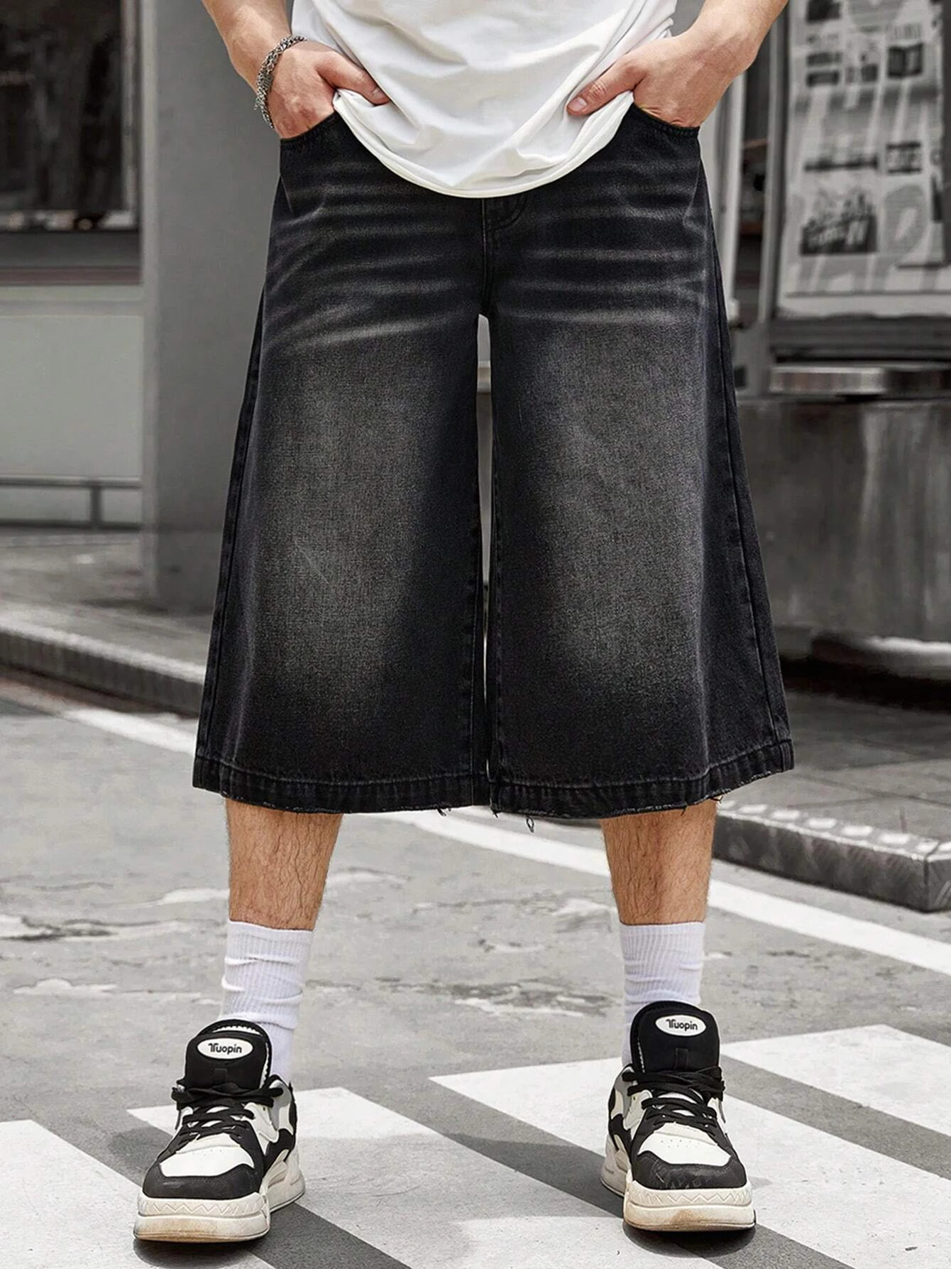 ReddaChic Men Streetwear Baggy Jorts Low Waist Cropped Black Jeans Distressed Y2k Casual Wide Pants Denim Shorts Male Trousers 250222