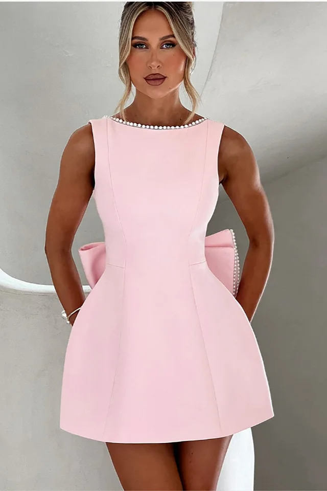 Spring Summer Women Pearl Bow Backless Sexy Mini Dress Fashion Zipper Sleeveless High Waist A-line Club Party Outfit 250222