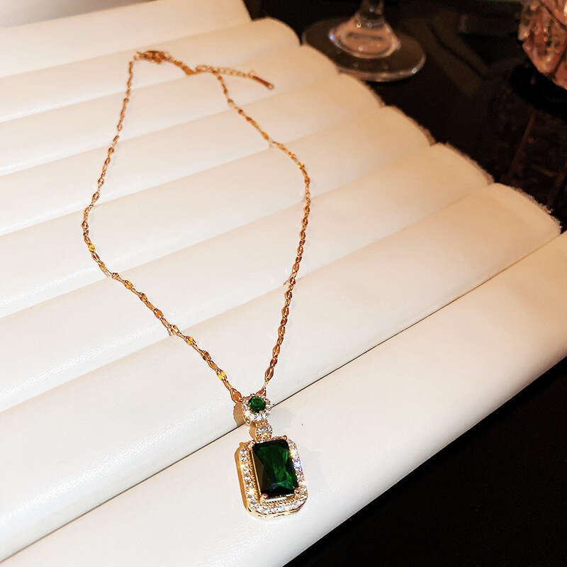 Designer jewelry for women Square zircon jade high-end luxury geometric titanium steel necklace retro niche design high-end temperament necklace ring 