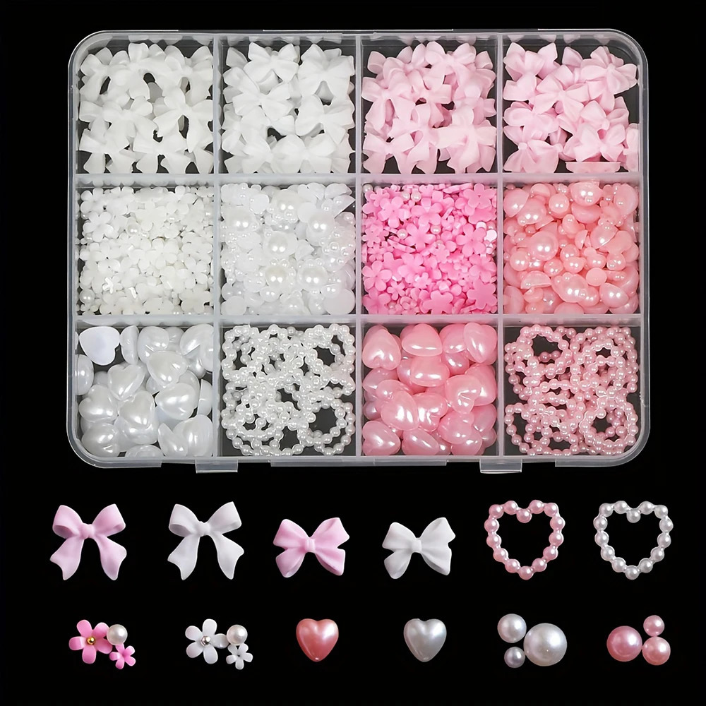 3D Nail Art Decoration Kit with Resin Bows Flat Back Pearls and Assorted Shapes Unscented DIY Craft Embellishments 250217