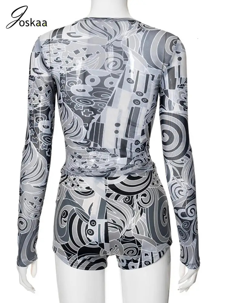 Joskaa Aesthetic Print 2 Piece Set Women Sexy Sheer Mesh Long Sleeve T-Shirt and Milk Silk Shorts Matching Beach Outfits 250222
