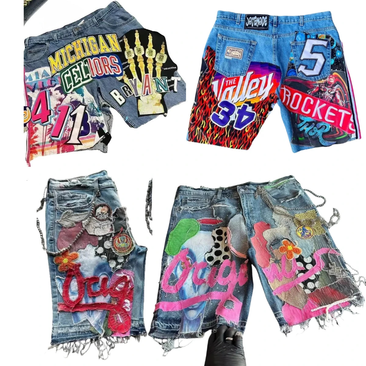 Hip Hop Gothic Patchwork Y2K Denim Shorts Mens Womens Harajuku Baggy Sweatpants High Waist Casual Gym Shorts Streetwear 250222
