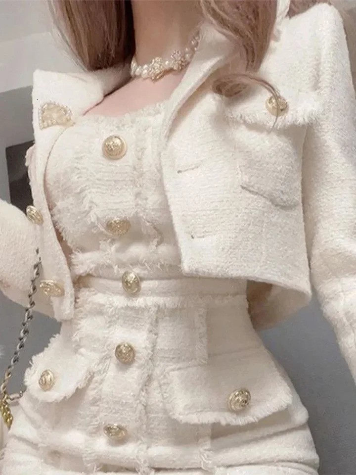 Coarse Tweed Woven Coat Jacket Skirt Two Piece Sets Vintage Elegant Short Overcoat Waist Cinching Slim Fit Women Wrap Hip Skirts 250222