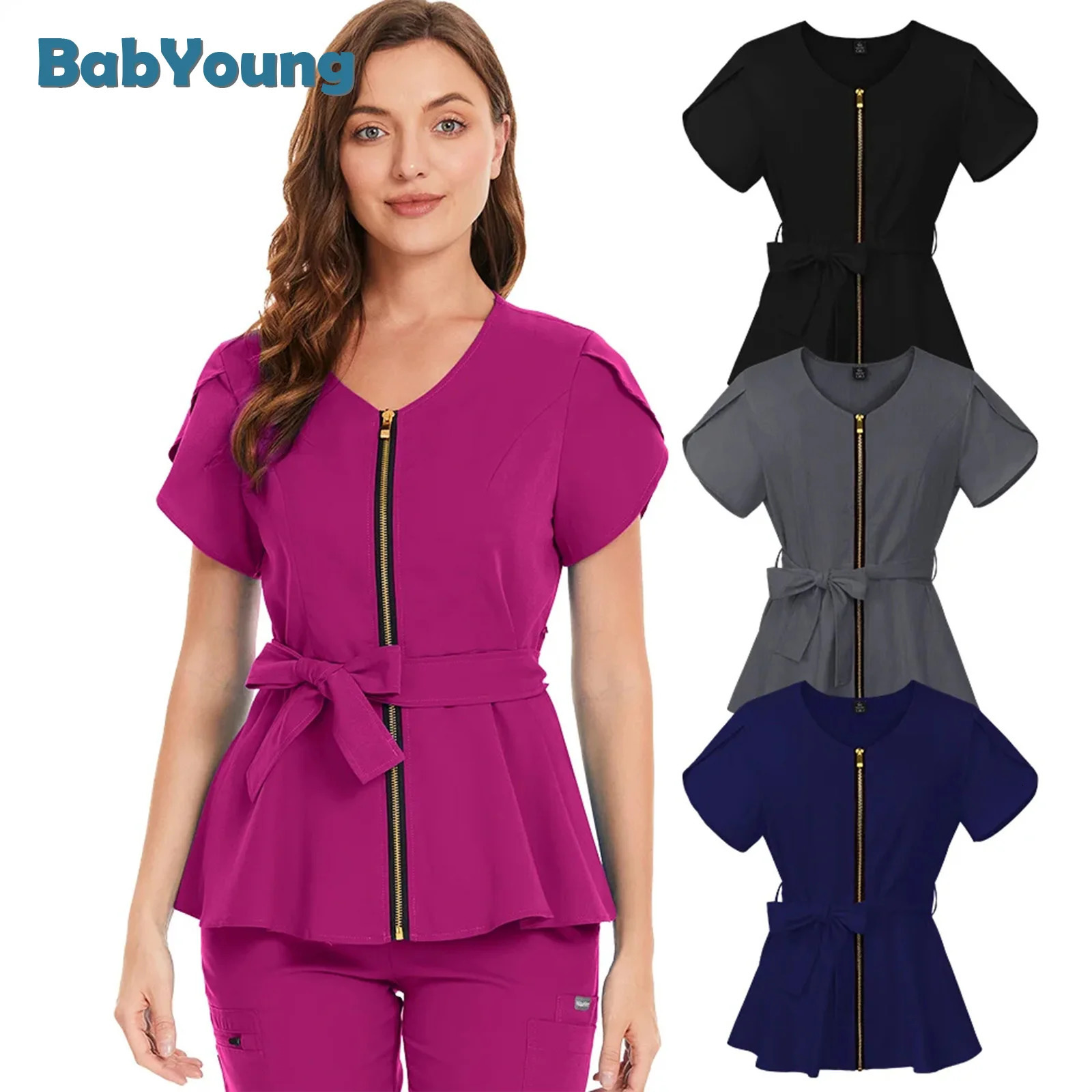 Korean Style Beauty Salon Work Clothes Operating Room Uniform Uniform Women Slim Belt Scrub Tops Clinical Work Blouse 250222