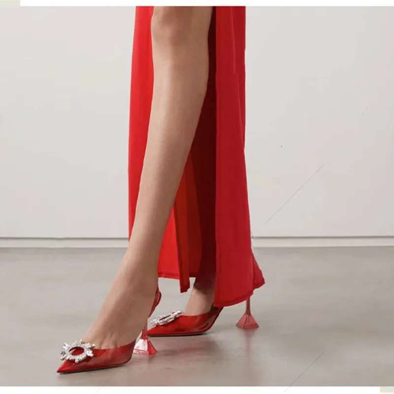Big Size 44 45 Women Elegant Pointed Toe Rhies High Heels Wedding Shoes Crystal Clear Heeled Sgback Pumps Sandals
