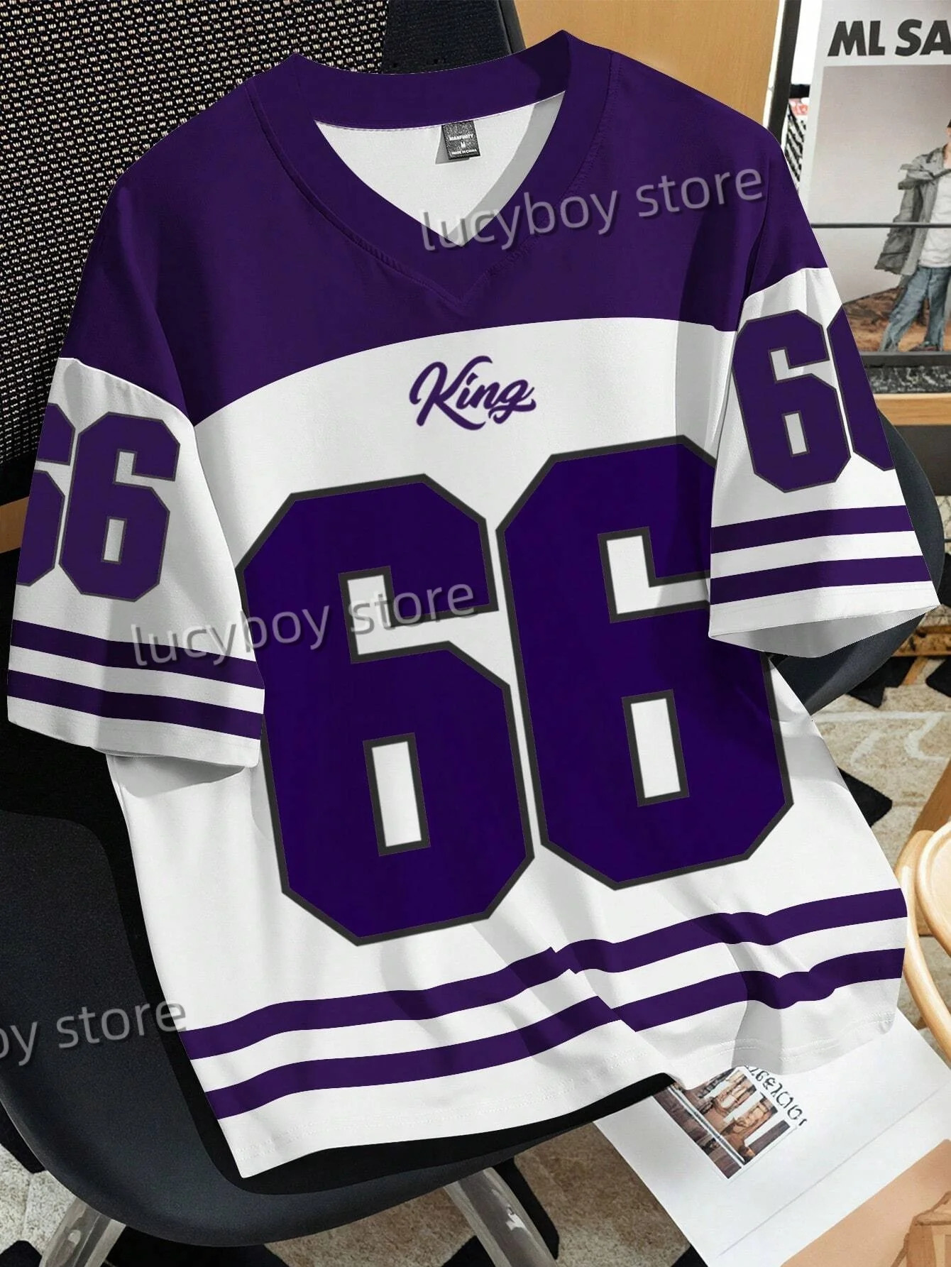 Mens Number 66 Letter KING Print T-Shirt Man Short Sleeve Sportwear Football T-Shirt Vintage Oversize Striped Tees Men Clothes 250222